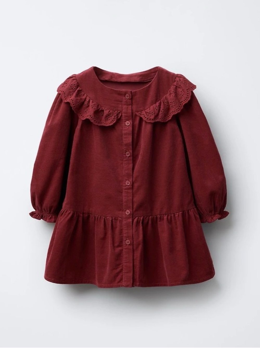 Zara Girls' Burgundy Corduroy Dress with Eyelet Ruffle Collar Size 18-24 months